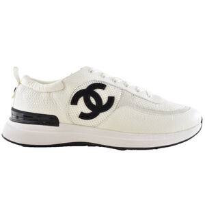 Chanel 21S Mens White Black Leather CC Logo Lace Low Top Trainer Sneaker 44 11